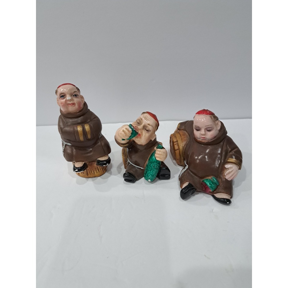 Vintage Drunken Monks Hand Painted Sculpture Holding‎ Wine Barrel Set Of 3